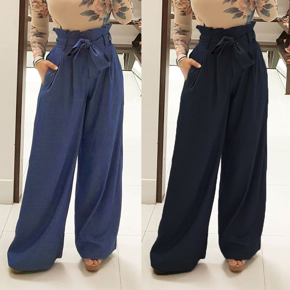 Fashion Women High Waist Ruffles OL Ladies Trouser Denim Look Wide Leg Drawstring Elastic Long Loose Casual Pants