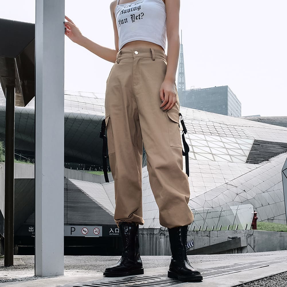 Women Loose Causal Trousers Costume High Waist Chain Combat Cargo High Waist Harem Hip Hop Outdoor Military Pocket Pants