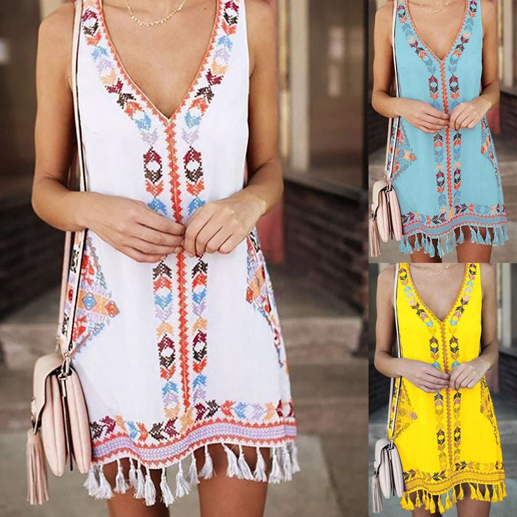 Women Sleeveless V Neck Summer Boho Floral Casual Loose Beach Small Mini Dress Sundress