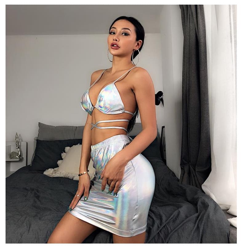 Women 2 Piece Summer Backless Bodycon Crop Tops and Skirt Set Short Mini Dress Party Sexy Ladies Clubwear Set