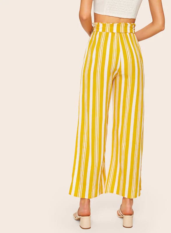 Women Loose Stripe Slit Boho Beach Harem Wide Leg Casual Pants Ladies Fashion High Waist Palazzo Trousers