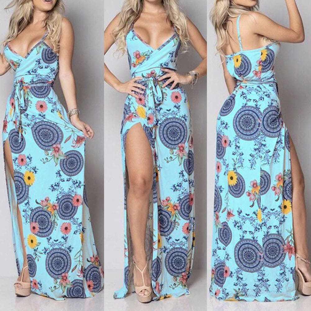 New Women Summer Vintage Boho Sleeveless Long Maxi Dress Ladies V-Neck Fashion Beach Party Dress Sundress