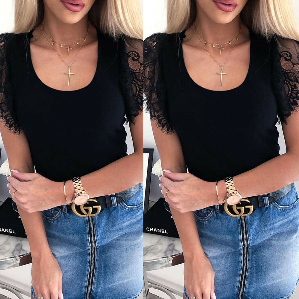 Hot Women Summer Sexy Lace Short Sleeve Loose Simple O-Neck Mesh Blouse Tops Fashion Solid Casual Black Shirt