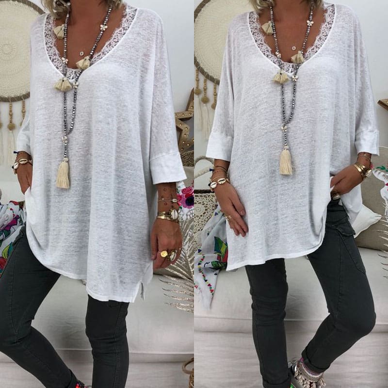 Women Lace Long Sleeve Pullover Casual T Shirt New Ladies V Neck Loose Baggy Jumper Shirt Top Women Clothes