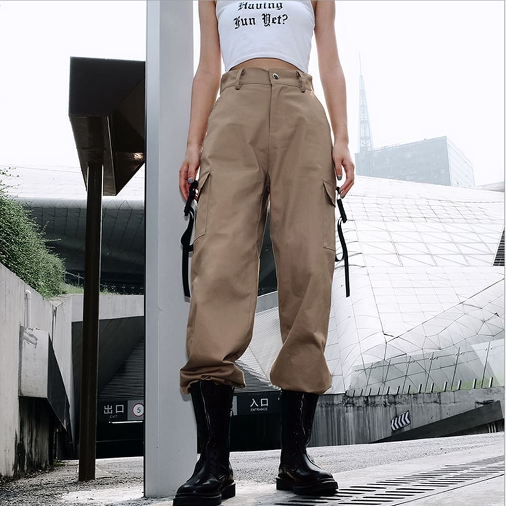 Women Loose Causal Trousers Costume High Waist Chain Combat Cargo High Waist Harem Hip Hop Outdoor Military Pocket Pants