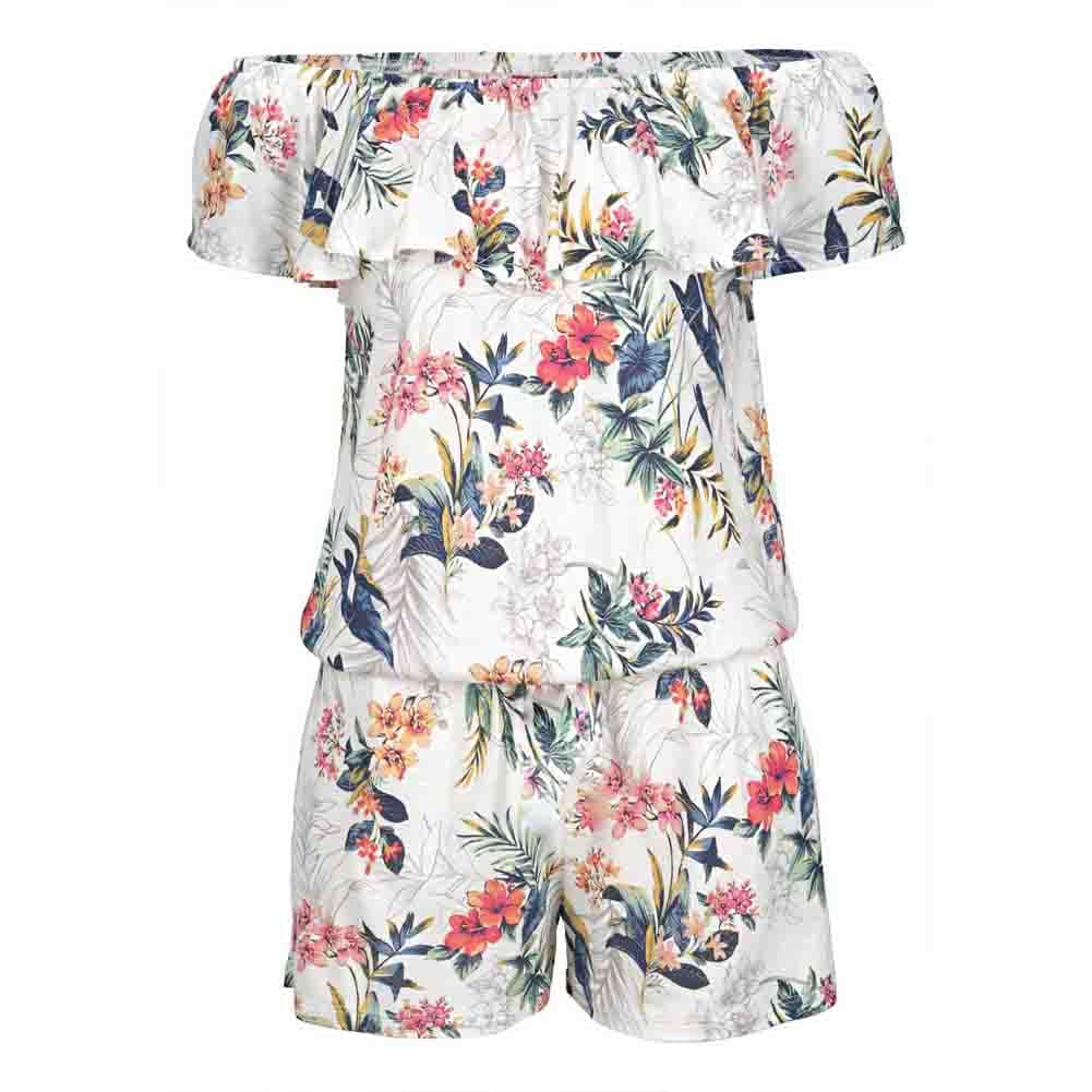 Women Boho Off Shoulder Outfits Fashion Flower Sleeveless Pants Summer Holiday Casual Short Jumpsuit Rompers Trouser