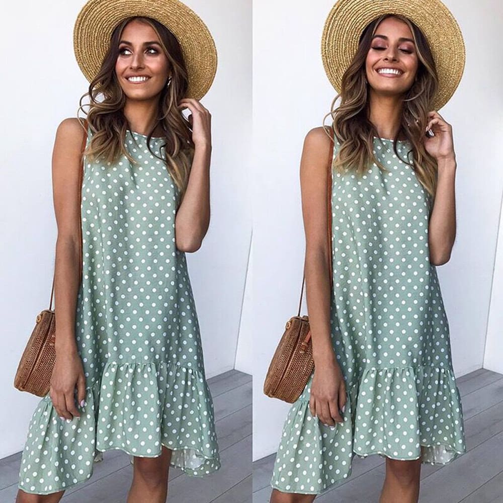 Polka Dot Boho Mini Dress Ladies Summer Beach Holiday Casual Loose Sundress