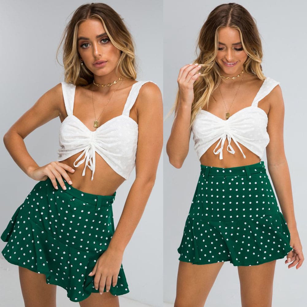 Summer High Waist A Line Circle Elastic Stretch Pleated Flared Beach Polka Dot Mini Skirt