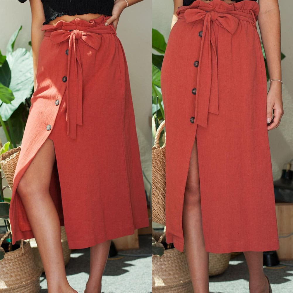 Womens Boho Elastic High Waist Front Slit Skirt Maxi Button Bandage Casual Solid Color Skirt Fashion Summer Clothes