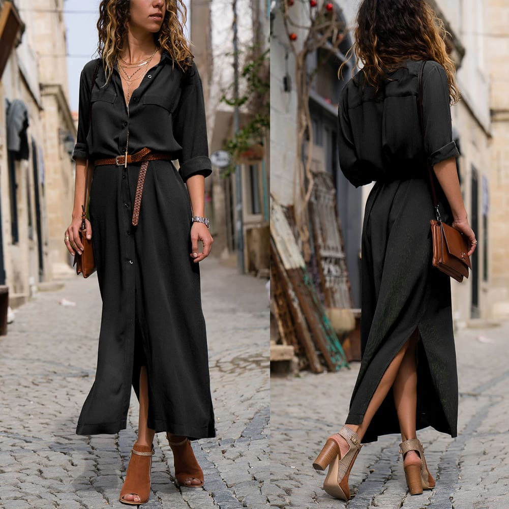 Elegant Women Sexy V Collar Long Maxi Dress OL Ladies Casual Long Sleeve Solid Holiday Summer Beach Sundress