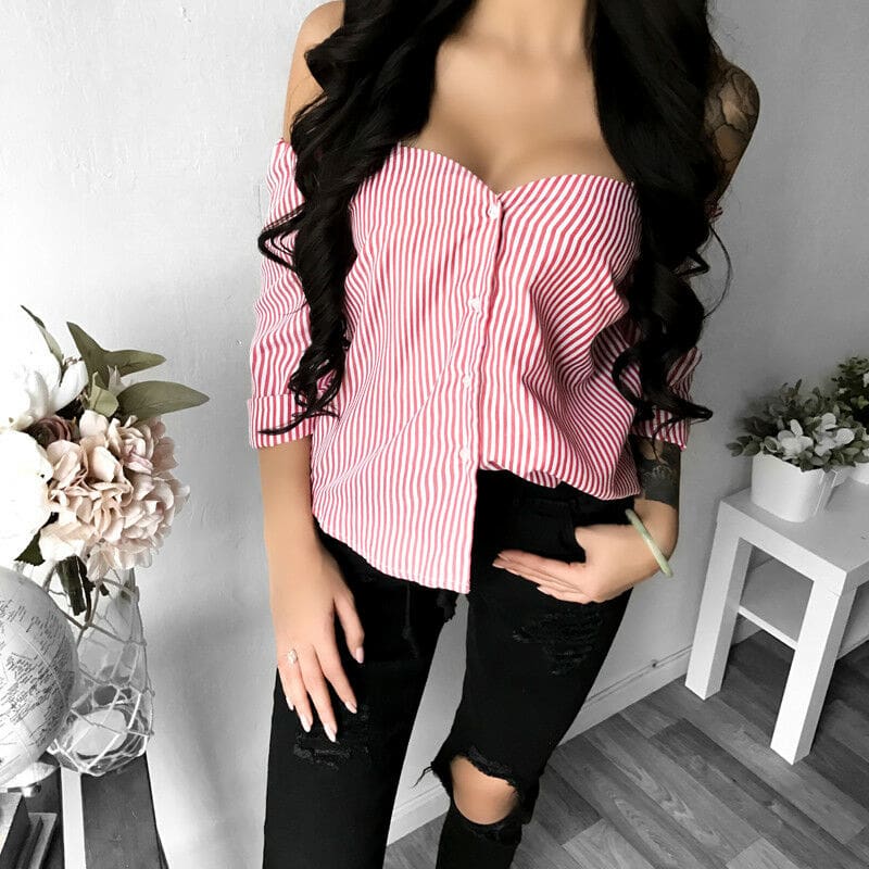 Fashion Womens Off Shoulder Long Sleeve Striped Loose Blouse Ladies Casual Summer Tops Shirt Women Clothes