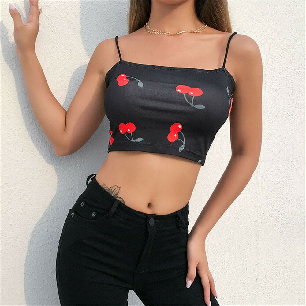 Summer Women Ladies Strappy Bandage Elastic Suspender Vest Casual Crop Top Cherry Print Sleeveless Tank Tops