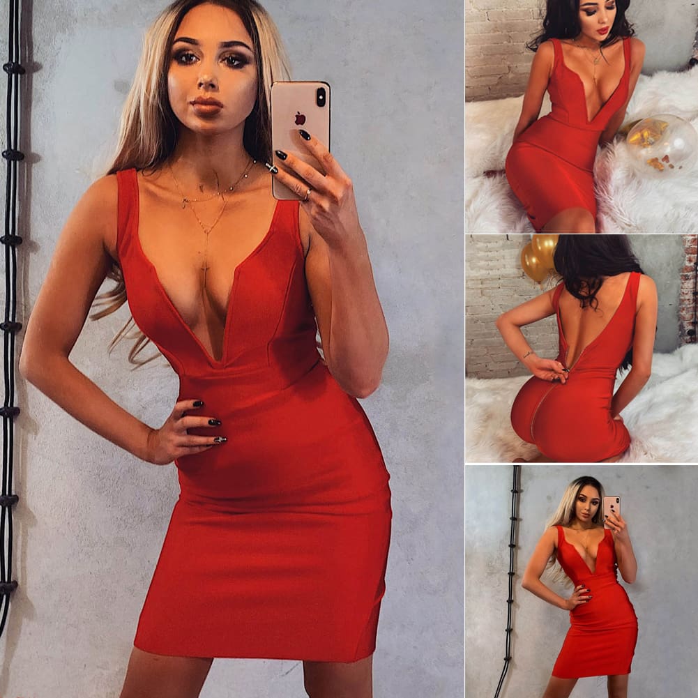 Women Dress Ladies Deep V-neck Sleeveless Bandage Bodycon Evening Party Club Short Mini Dress