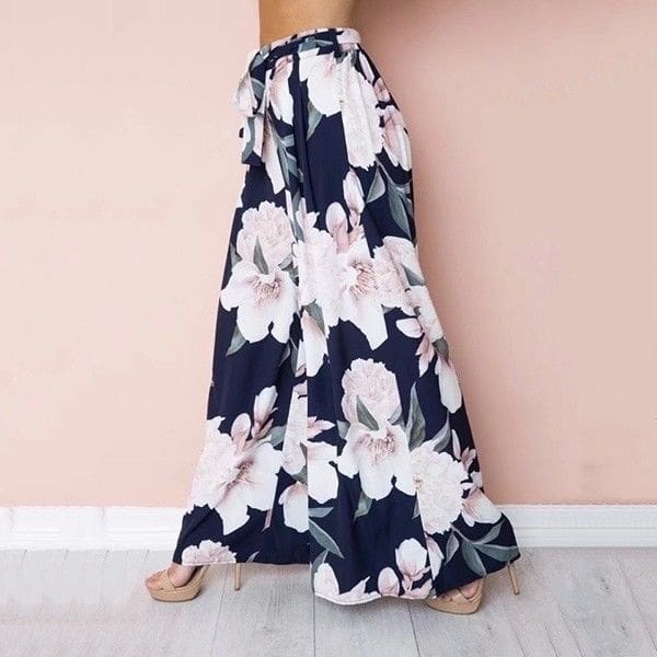 Fashion Women Boho Floral High Waist Long Pants Palazzo Baggy Wide Leg Ladies Summer Loose Casual Trousers