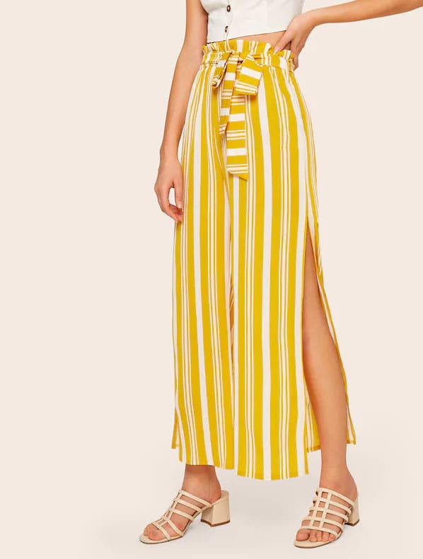 Women Loose Stripe Slit Boho Beach Harem Wide Leg Casual Pants Ladies Fashion High Waist Palazzo Trousers