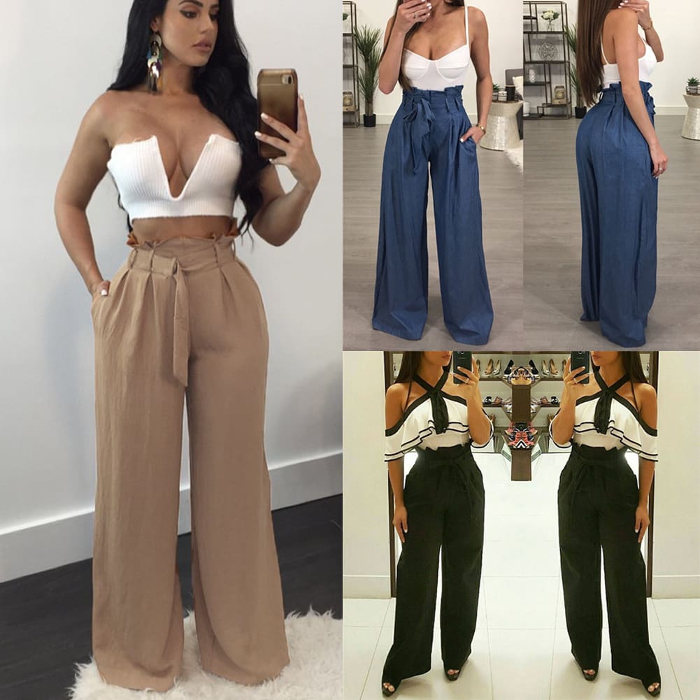 Fashion Women High Waist Ruffles OL Ladies Trouser Denim Look Wide Leg Drawstring Elastic Long Loose Casual Pants