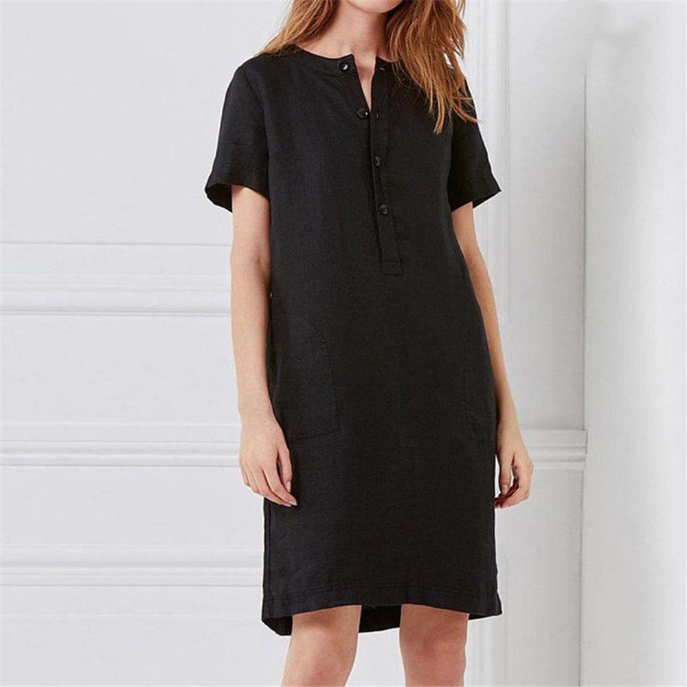 Plus Size Fashion Women Summer Solid O Neck Short Sleeve Cotton Linen Casual Pocket Loose T Shirt Top Women Maxi Dress Sundress