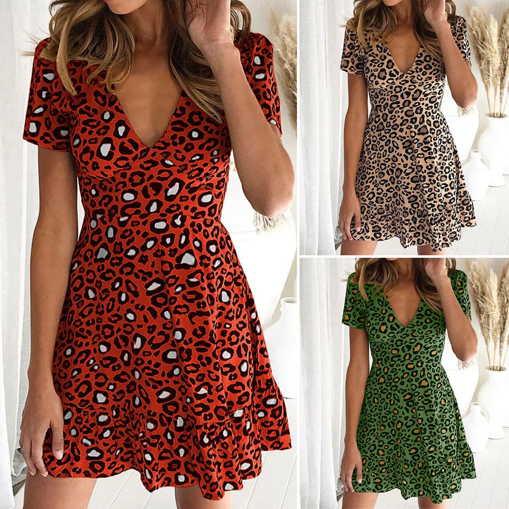 Women Leopard Print Sexy V Neck Dress New Fashion Ladies Summer Beach Short Mini Dress Sundress Casual Short Sleeve Party Dress