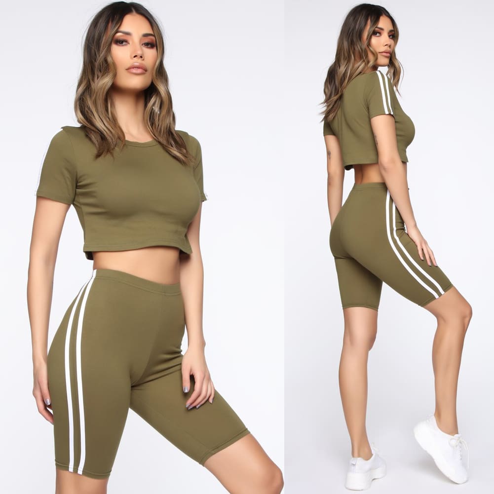 Women 2pcs Sports Suit Solid Crop Top + Shorts Beach Wear Running Gym Stripe Outfits Summer Casual Workout Clothes Tracksuit