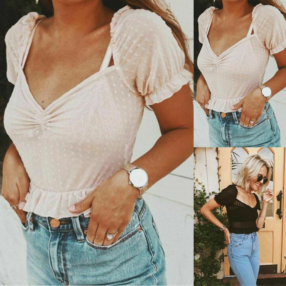 Women See Through Blouse Summer Sexy Mesh Loose Short Sleeve Polka Dots V-Neck Beach Casual Short Shirt