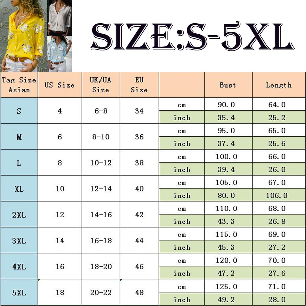 Plus Size Womens Summer Floral Long Sleeve Button V-Neck Shirts Ladies Casual Loose Office Work Blouse Tops