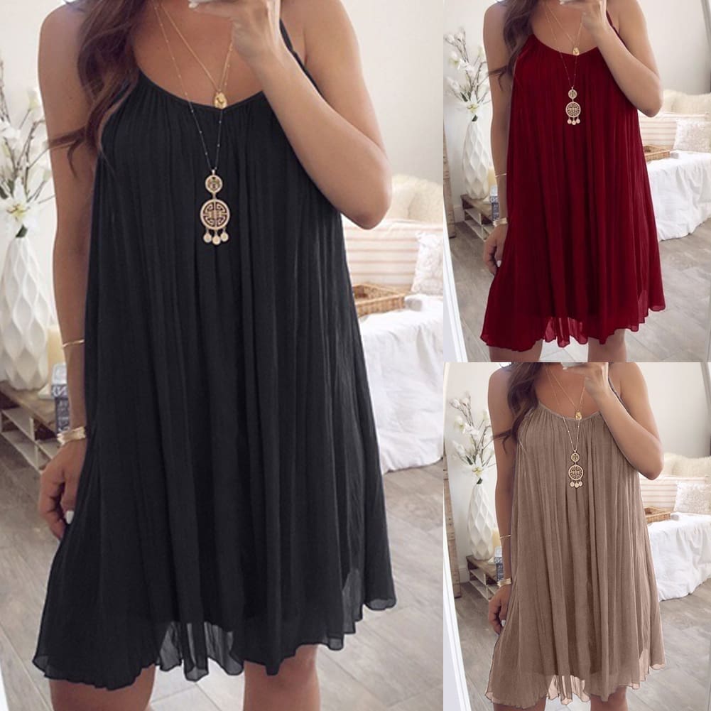 Plus Size Women Chiffon Summer Casual Sleeveless Dress New Fashion Solid Strappy Beach Sundress Short Dress