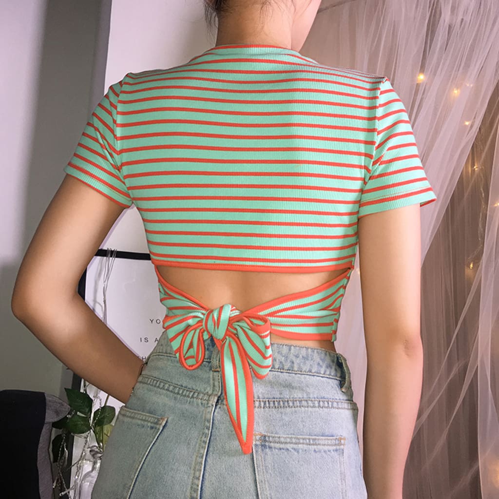 2019 Fashion Women Striped Crop Top Short Sleeve T Shirt Summer Holiday Slim Casual Tops New Ladies Clothes