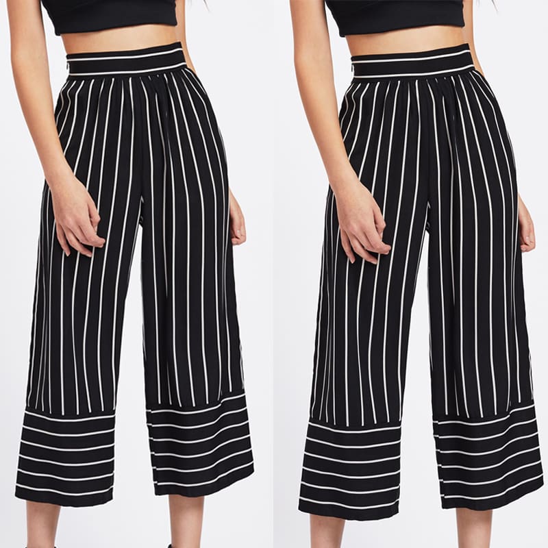 New Summer Women Casual High Waist Bandage Pants Fashion Ladies Striped Wide Leg Loose Long Pants Trousers