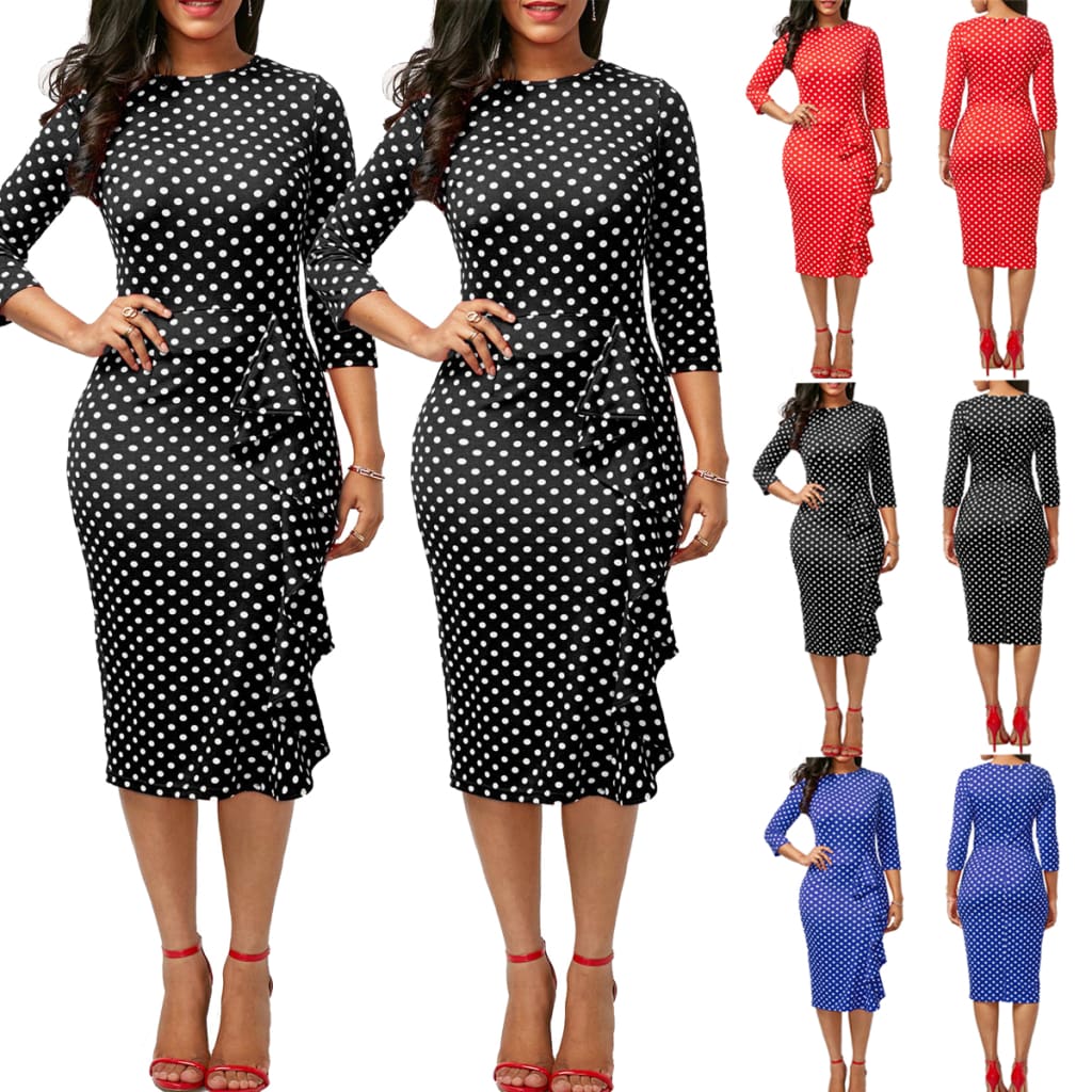 Elegant Women Ladies Sexy Long Sleeve Polka Dots Ruffle Bodycon Slim O-Neck Casual Party Long Pencil Dress