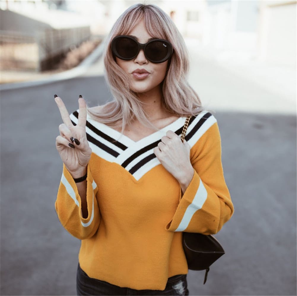 New Womens Autumn Off Shoulder Long Sleeve Pullover Casual Tops V Neck Loose Lady Jumper Shirt Top Sweatshirt