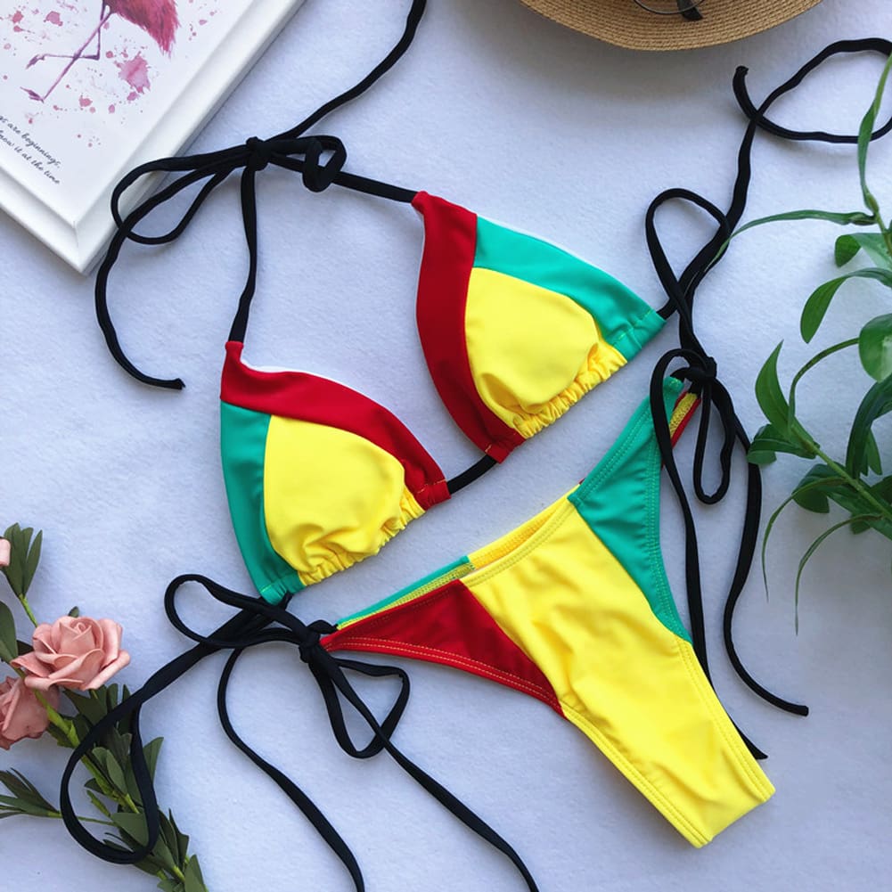 Bikini 2019 Sexy Red Yellow Stripe Patchwork Boho Swim Wear Bathing Suit Women Swimsuit Beachwear Swimwear Female Bikini