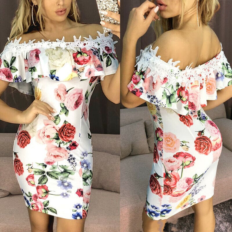 New Fashion Women Dresses Floral Print Off Shoulder Dress Ruffles Slash neck Sexy Summer Beach Bodycon Mini Sundress