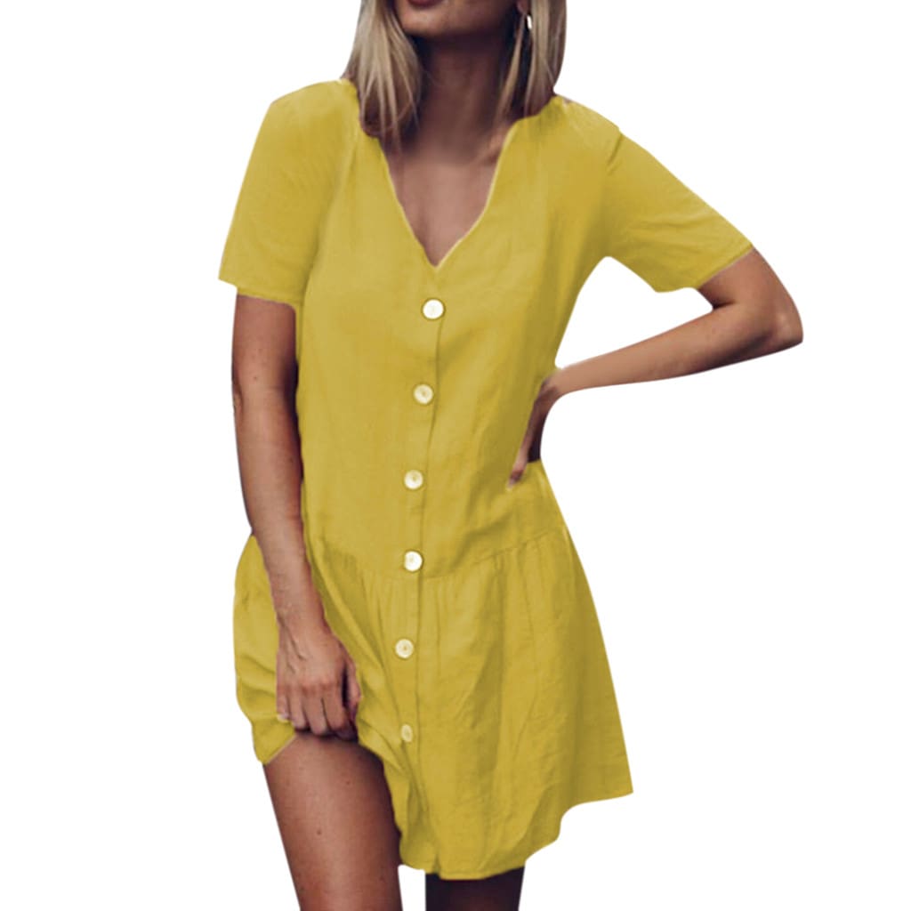 Office Casual Womens Dresses V-Neck Short Sleeve Buttons Sundress