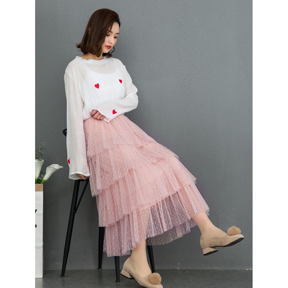 New Fashion Summer Women Dot Lace Tiered High Waist Beach Long Skirt Sundress Cake Tulle Skirt Party Ball Gown