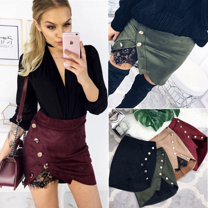 Women Ladies High Waist Pencil Skirts Button Lace Patchwork Sexy Bodycon Suede Leather Split Party Casual Mini Skirt