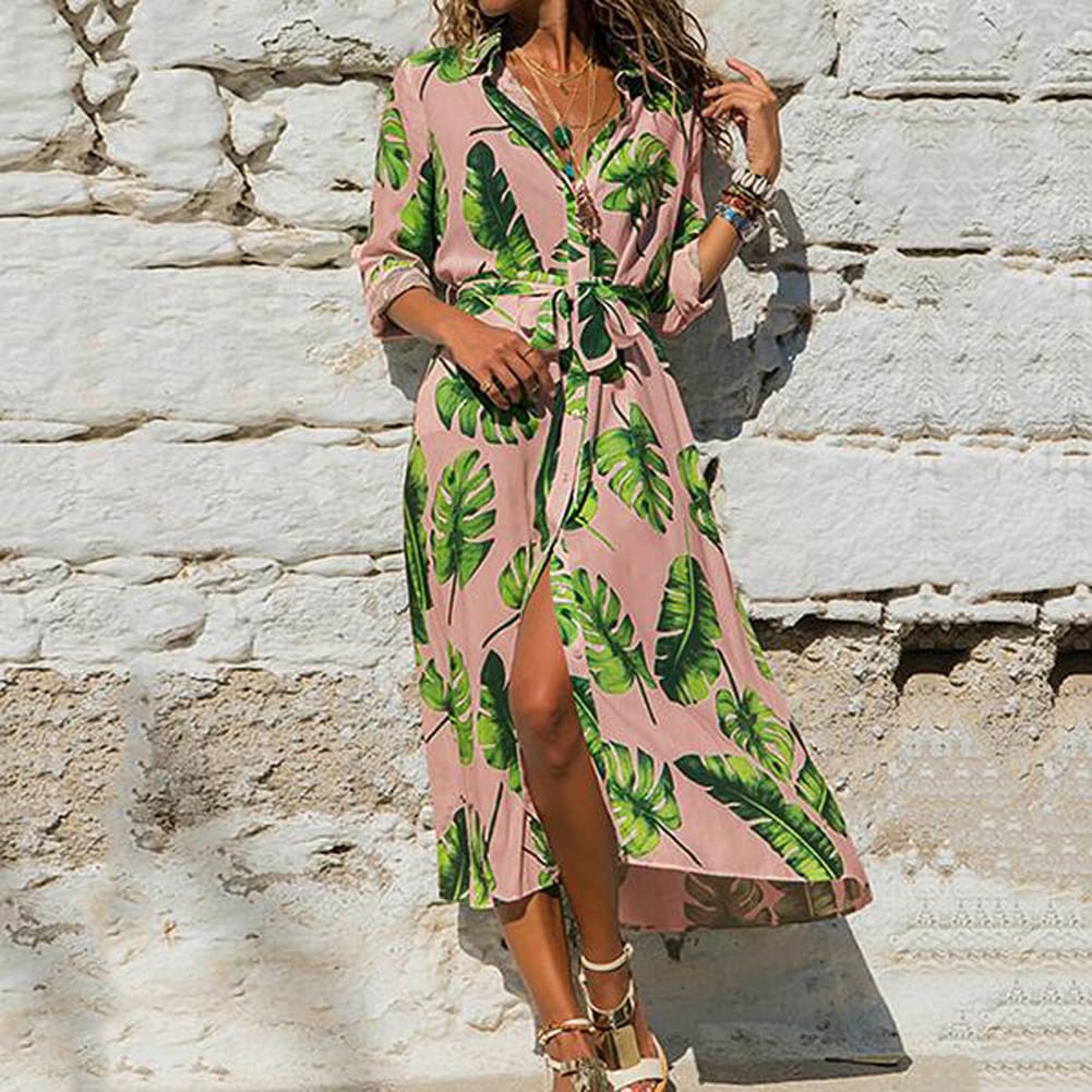 Fashion Women Summer Boho Floral Slit Long Maxi Dress Holiday Party Ladies Casual Beach Loose Dresses Sundress