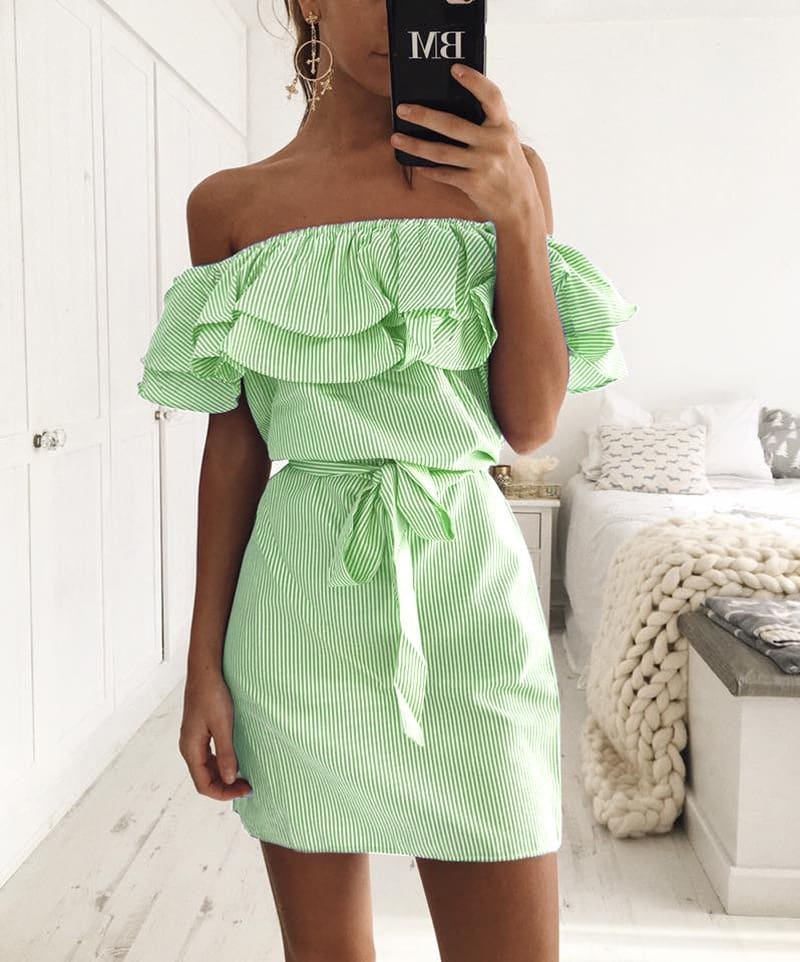 Cloth Striped Sashes Summer Dress Ruffle Collar Bandage Casual Dresses