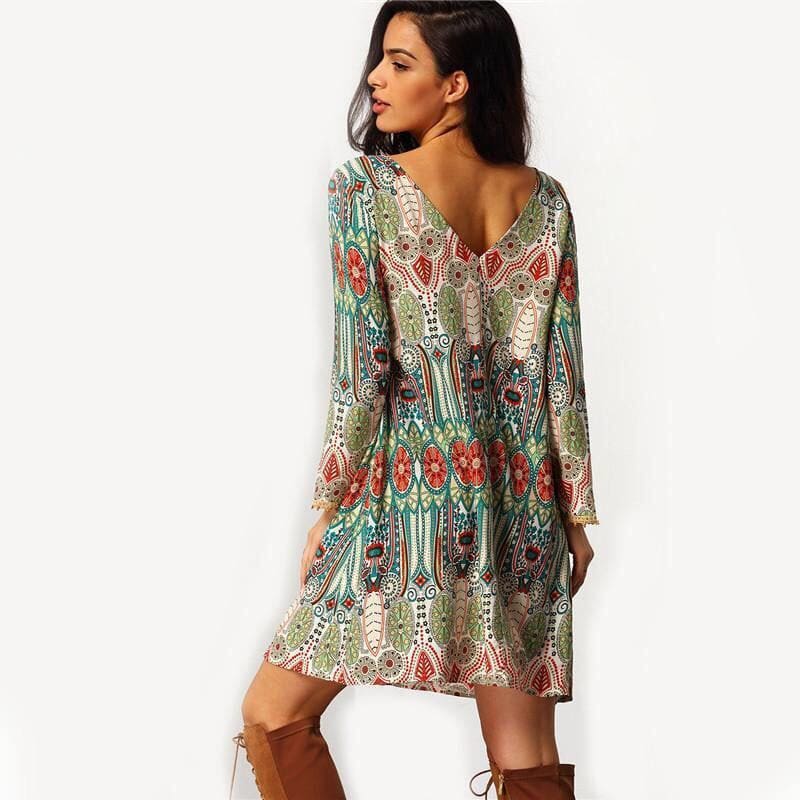 Fashion Women Floral Boho Chiffon Sundress Ladies Casual Long Sleeve Summer Beach Holiday Loose Short Mini Dress