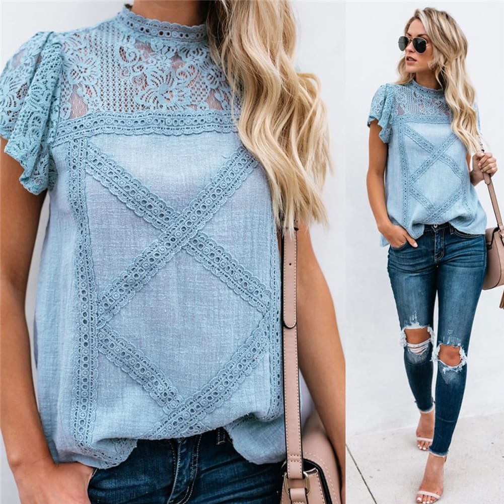 HOT Women Lace Patchwork Office Top Shirt 2019 Fashion Ladies High Neck Casual Loose Summer T-Shirt Streetwear