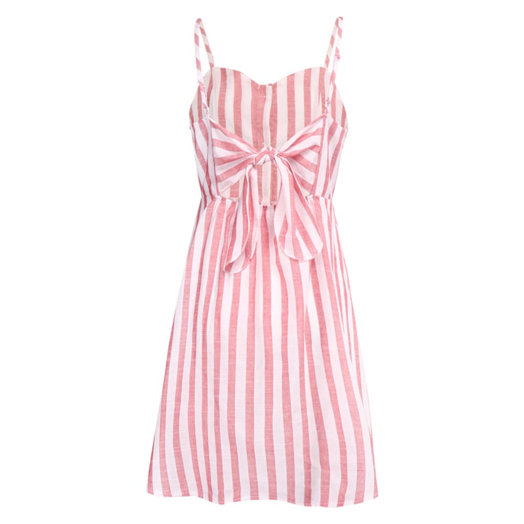 Women Strappy Off Shoulder Striped Bow Open Back Short Mini Dress