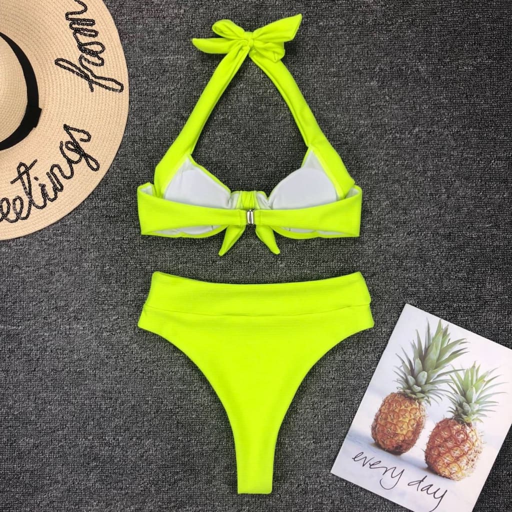 Women Fluorescent Push-up Padded Underwire Bra High Waist Bandage Bikini Set Swimwear Swimsuit Bathing Beachwear