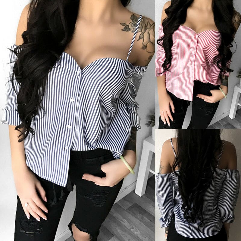 Fashion Womens Off Shoulder Long Sleeve Striped Loose Blouse Ladies Casual Summer Tops Shirt Women Clothes