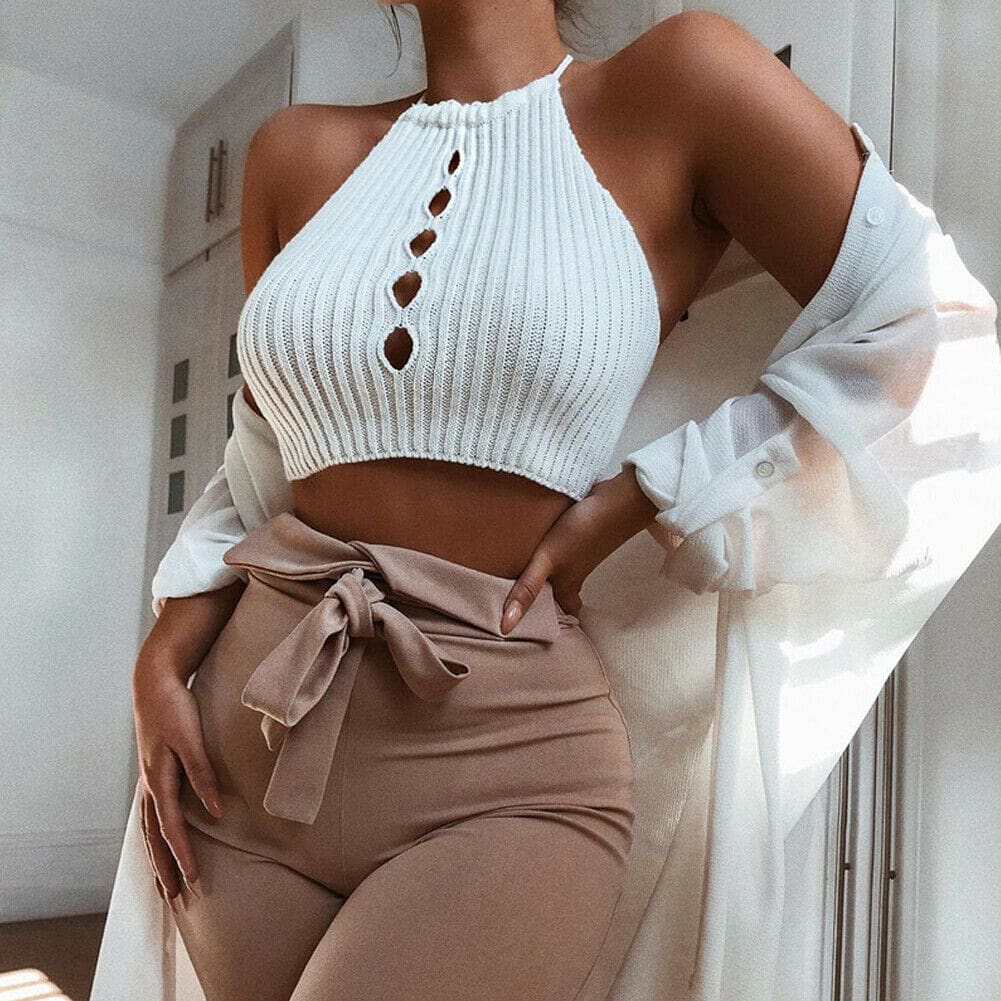 Women Fashion Summer Sleeveless Hollow Out Tanks Tops Vest Blouse Solid Casual Crop Cami Camisole Short Top