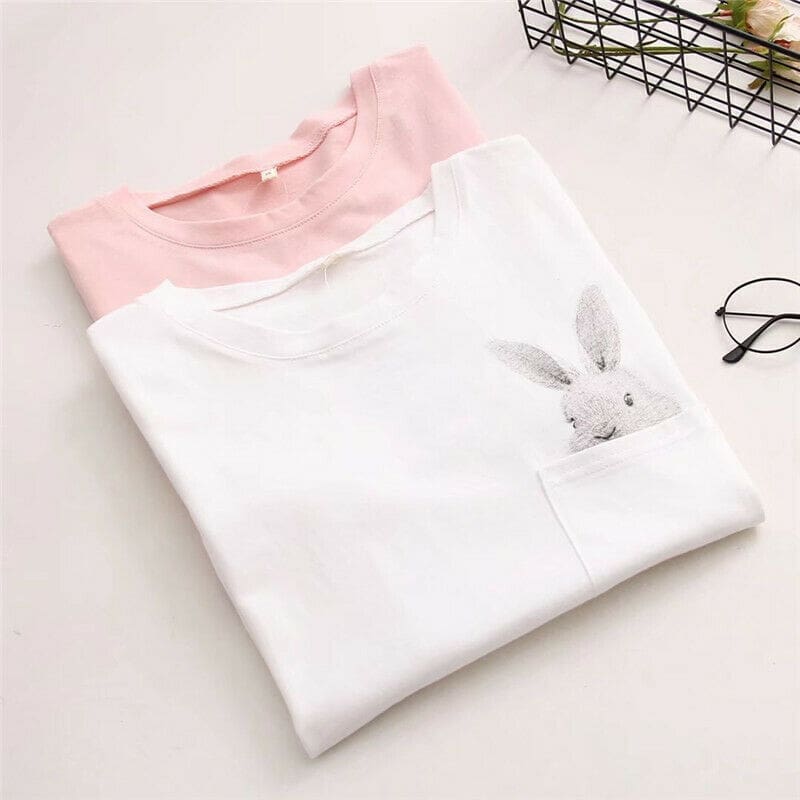 New Women Casual T-shirt Short Sleeve Ladies Loose Casual Summer Tops Cartoon Bunny Pocket Short Sleeve Tops