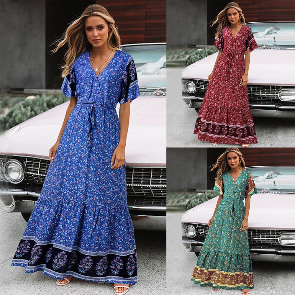 Women Boho Floral Long Maxi Dress Fashion Ladies Short Sleeve V Neck Beach Dresses Casual Summer Sundress