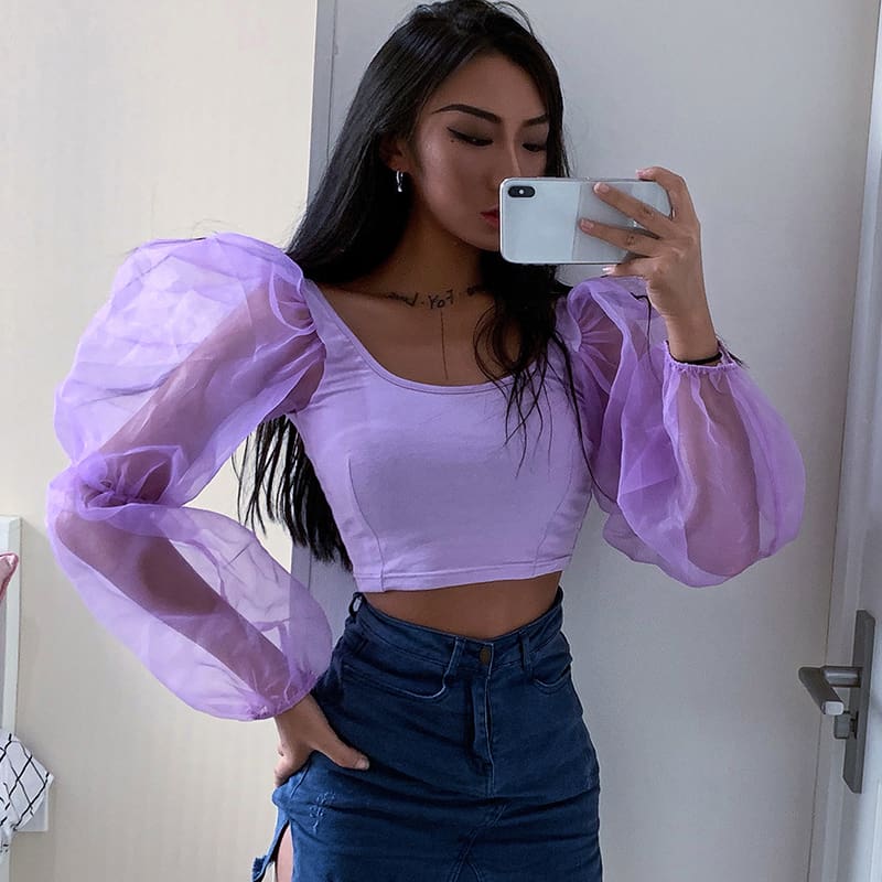 Women Blouse Tops Sheer Long Sleeve Casual Blouse Slimmer Fitting Solid Holiday Crop Tops Shirt