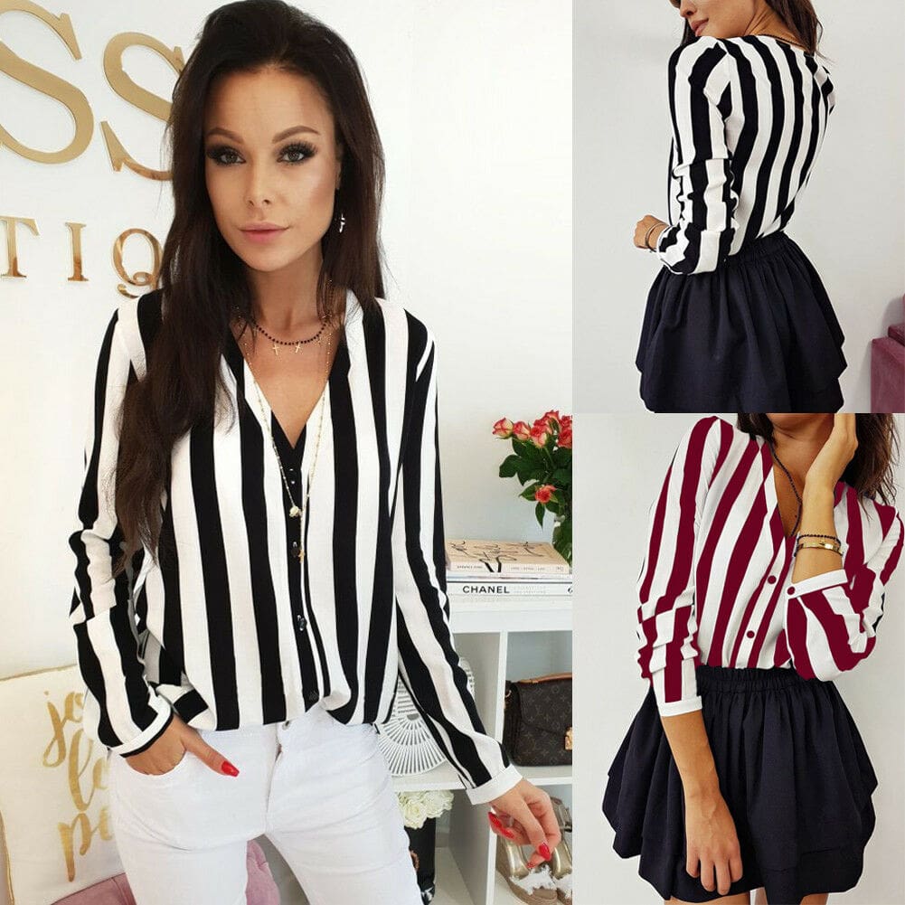 Women Ladies Long Sleeve V-neck Striped Casual Loose Slim Tops Shirt OL Ladies Plain Casual Button Blouse Hot