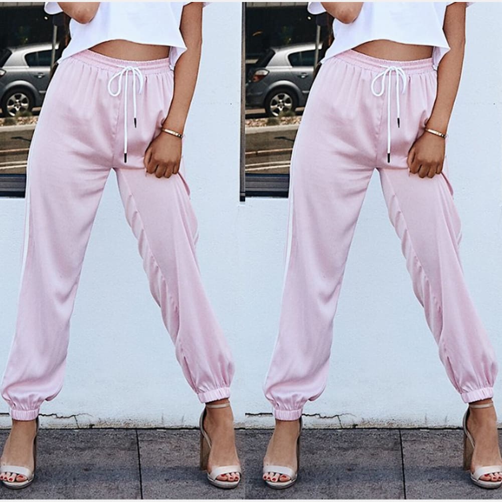 Fashion Women Pants Side Striped Loose Drawstring Elastic High Waist Slim Pencil Ladies Casual Long Trouser