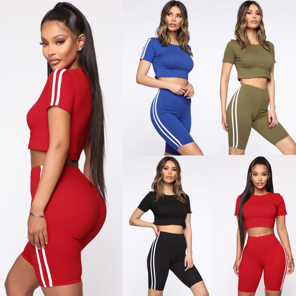 Women 2pcs Sports Suit Solid Crop Top + Shorts Beach Wear Running Gym Stripe Outfits Summer Casual Workout Clothes Tracksuit