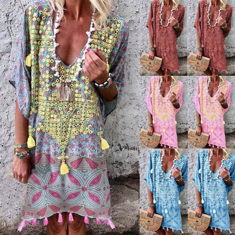 New Women Boho Short Sleeve Dress Summer Printed Beach Ladies Casual Loose Mini Shirt Beach Dress Sundress